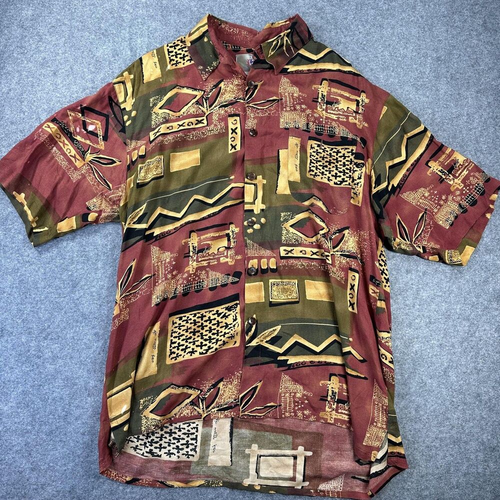 Territory Ahead Shirt Mens XL Brown Abstract Rayon Button Front Casual Vtg